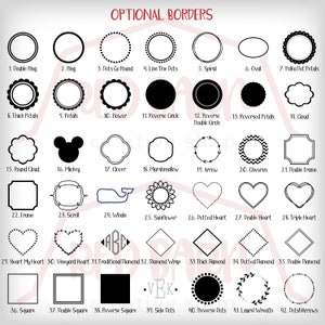 K&ouml;nnte beinhalten: Eine Tabelle mit 42 verschiedenen schwarzen und wei&szlig;en Randdesigns f&uuml;r die Verwendung in Bastel- und Designprojekten. Die Designs umfassen einen Doppelring, einen Ring, Punkte im Kreis, Punkte in einer Linie, eine Spirale, ein Oval, Punkte mit Bl&uuml;tenbl&auml;ttern, dicke Bl&uuml;tenbl&auml;tter, Bl&uuml;tenbl&auml;tter, eine Blume, einen umgekehrten Kreis, einen umgekehrten Doppelkreis, umgekehrte Bl&uuml;tenbl&auml;tter, eine Wolke, eine runde Wolke, Mickey, ein Kleeblatt, eine Marshmallow, einen Pfeil, ein Chevron, einen Doppelrahmen, einen Rahmen, eine Schriftrolle, einen Wal, eine Sonnenblume, ein Herz mit Punkten, ein Doppelherz, ein Dreifachherz, Herz mein Herz, Weinstockherz, traditionelles Diamant, Diamantverpackung, dickes Diamant, Diamant mit Punkten, Doppeldiamant, Quadrat, Doppelquadrat, umgekehrtes Quadrat, seitliche Punkte, umgekehrte Punkte, Lorbeerkranz und Punkte und Pfeile.