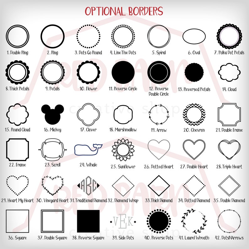 K&ouml;nnte beinhalten: Eine Tabelle mit 42 verschiedenen schwarzen und wei&szlig;en Randdesigns f&uuml;r die Verwendung in Bastel- und Designprojekten. Die Designs umfassen einen Doppelring, einen Ring, Punkte im Kreis, Punkte in einer Linie, eine Spirale, ein Oval, Punkte mit Bl&uuml;tenbl&auml;ttern, dicke Bl&uuml;tenbl&auml;tter, Bl&uuml;tenbl&auml;tter, eine Blume, einen umgekehrten Kreis, einen umgekehrten Doppelkreis, umgekehrte Bl&uuml;tenbl&auml;tter, eine Wolke, eine runde Wolke, Mickey, ein Kleeblatt, eine Marshmallow, einen Pfeil, ein Chevron, einen Doppelrahmen, einen Rahmen, eine Schriftrolle, einen Wal, eine Sonnenblume, ein Herz mit Punkten, ein Doppelherz, ein Dreifachherz, Herz mein Herz, Weinstockherz, traditionelles Diamant, Diamantverpackung, dickes Diamant, Diamant mit Punkten, Doppeldiamant, Quadrat, Doppelquadrat, umgekehrtes Quadrat, seitliche Punkte, umgekehrte Punkte, Lorbeerkranz und Punkte und Pfeile.