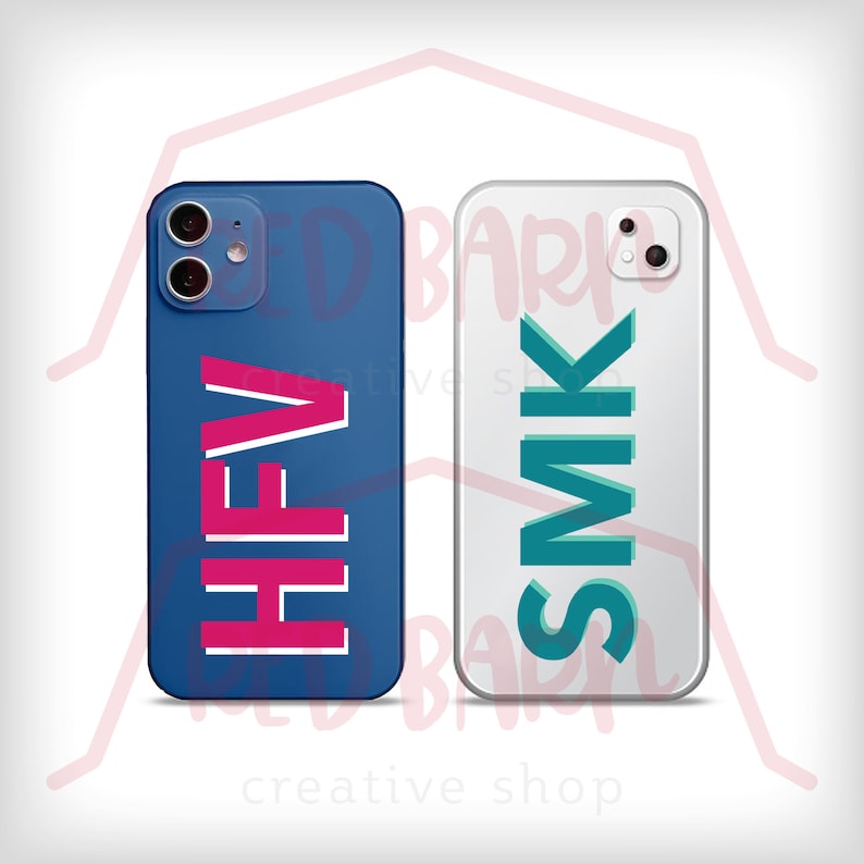 May include: Two phone cases with personalized names. The left case is blue with the name "HFV" in pink. The right case is white with the name "SMK" in teal.
