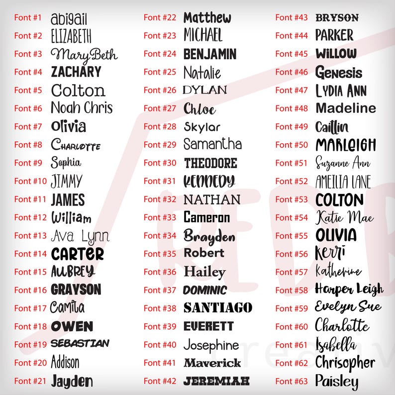 May include: A list of 63 names in various fonts, each labeled with a font number. Names include Abigail, Elizabeth, Mary Beth, Zachary, Colton, Olivia, Charlotte, Sophia, Jimmy, James, William, Ava Lynn, Carter, Aubrey, Grayson, Camila, Owen, Sebastian, Addison, Jayden, Matthew, Michael, Benjamin, Natalie, Dylan, Chloe, Skylar, Samantha, Theodore, Kennedy, Nathan, Cameron, Brayden, Robert, Hailey, Dominic, Santiago, Everett, Josephine, Maverick, Jeremiah, Bryson, Parker, Willow, Genesis, Lydia Ann, Madeline, Caitlin, Marleigh, Suzanne Ann, Ameilia Lane, Colton, Katie Mae, Olivia, Kerri, Katherine, Harper Leigh, Evelyn Sue, Charlotte, Isabella, Chrisopher, and Paisley.