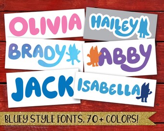 Calcomanía con el nombre Bluey, calcomanía con el nombre Bluey, fuente Bluey, calcomanía para auto Bluey, fuente de bingo, calcomanía con fuente de dibujos animados, calcomanía con el nombre de niños, calcomanía de vinilo