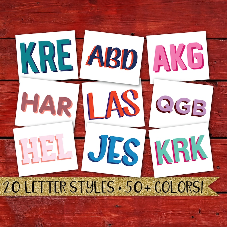May include: Nine white cards with different letter styles and colors. The cards spell out the words "KRE ABD AKG HAR LAS QGB HEL JES KRK". The text "20 LETTER STYLES 50+ COLORS!" is at the bottom of the image.