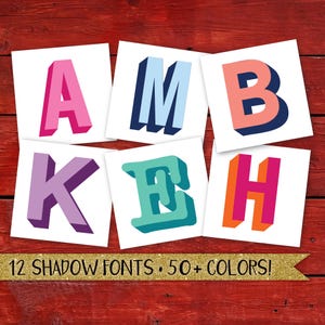 May include: Six square cards with 3D letters in various colors, including pink, blue, and orange, are displayed. The letters are A, M, B, K, E, and H. A gold banner at the bottom reads "12 SHADOW FONTS • 50+ COLORS!"