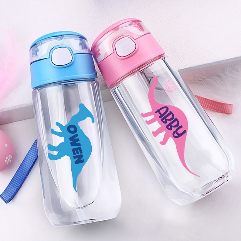 Op de afbeelding: Twee doorzichtige plastic waterflessen met kleurrijke deksels en dinosaurusontwerpen. De blauwe fles heeft een blauwe dinosaurus met de naam "Owen" erop. De roze fles heeft een roze dinosaurus met de naam "Abby" erop.
