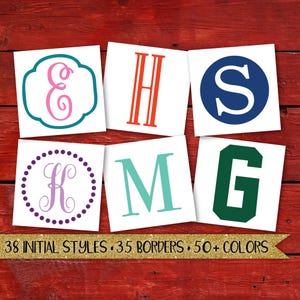 May include: Six white square cards featuring various letter monograms in different fonts and colors, including a pink E, orange H, blue S, purple K, teal M, and green G. A gold banner at the bottom displays the text 38 INITIAL STYLES 35 BORDERS 50+ COLORS.