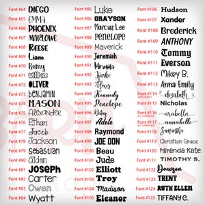 May include: A collection of name fonts, each labeled with a font number. Names include Diego, Emma, Phoenix, Marlowe, Reese, Liam, and others. The fonts vary in style, from bold to script.