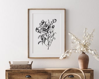 Printable Flower Sketch, Wild Roses Drawing, Floral Sketch, Flower Art Print, Digital Download, Botanical Wall Art, Nature Poster, Rose Art