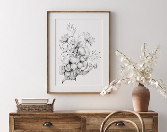 Printable Flower Sketch, Flower Bouquet Drawing, Floral Sketch, Flower Art Print, Digital Download, Botanical Wall Art, Nature Poster, Art