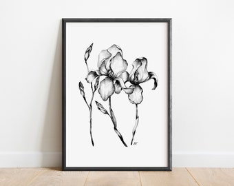 Printable Flower Sketch, Iris Flower Drawing, Floral Sketch, Flower Art Print, Digital Download, Botanical Wall Art, Nature Poster, Iris Art