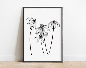 Printable Flower Sketch, Back Eyed Susan Drawing, Floral Sketch, Flower Art Print, Digital Download, Botanical Wall Art, Nature Poster, Art