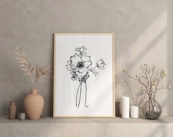 Printable Flower Sketch, Anemone Drawing, Floral Sketch, Flower Art Print, Digital Download, Botanical Wall Art, Nature Poster, Art