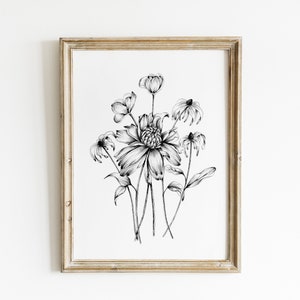 Printable Flower Sketch, Wildflower Drawing, Floral Sketch, Flower Art Print, Digital Download, Botanical Wall Art, Nature Poster, Daisys image 1