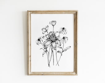 Printable Flower Sketch, Wildflower Drawing, Floral Sketch, Flower Art Print, Digital Download, Botanical Wall Art, Nature Poster, Daisys