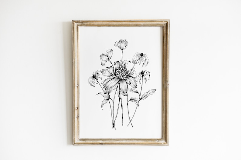 Printable Flower Sketch, Wildflower Drawing, Floral Sketch, Flower Art Print, Digital Download, Botanical Wall Art, Nature Poster, Daisys image 1