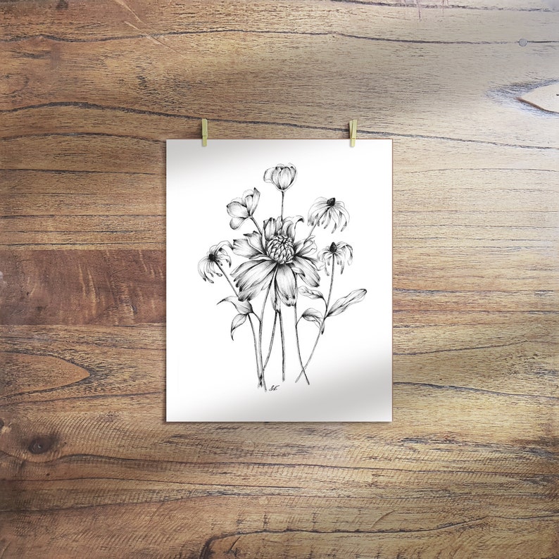 Printable Flower Sketch, Wildflower Drawing, Floral Sketch, Flower Art Print, Digital Download, Botanical Wall Art, Nature Poster, Daisys image 2