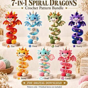 7in1 Crochet Spiral Dragon Pattern Bundle,Amigurumi Elemental Dragon Market Prep PDF, Fire Ice Leaf Cloud Starry Candy Plushie Nursery Decor