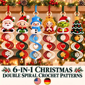 6-in-1 Weihnachtsschmuck-Häkelmuster-Set mit doppelter Spirale, ideal für die Marktvorbereitung, Amigurumi-Baumdekoration, Windspiel, Weihnachtsschmuck (PDF-Anleitung)