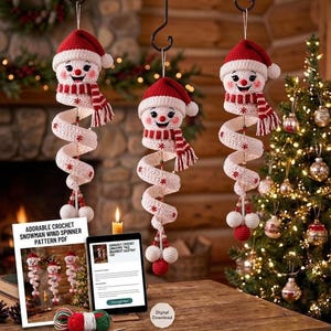 Haakpatroon voor een spiraalvormige sneeuwpopmobiel (PDF), amigurumi winterkerstornament, hangende decoratie, voorbereiding voor de markt.