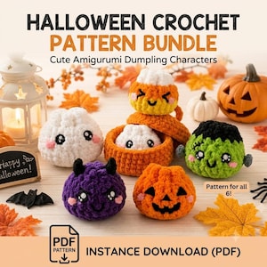 Może przedstawiać: Zestaw wzorów szydełkowych na Halloween zawierający sześć postaci amigurumi w kształcie pierożków, w tym kukurydzę cukrową, białego pierożka, fioletowego diabła, zielonego potwora i dynię. Tekst brzmi HALLOWEEN CROCHET PATTERN BUNDLE.