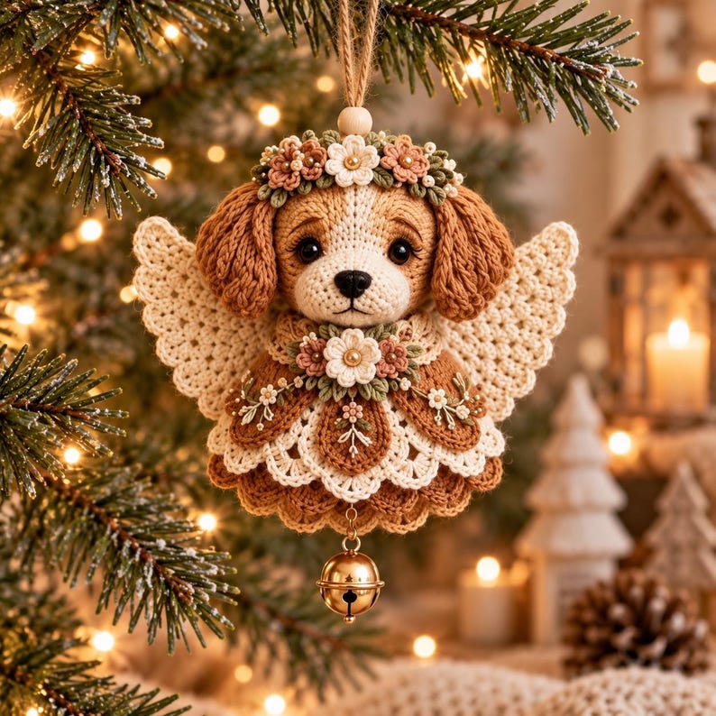 May include: A crocheted dog ornament featuring brown and white yarn, wearing a floral crown and angel wings. The figure is adorned with small fabric flowers at the neck and hangs from a jute string with a small gold-toned metal bell at the base.