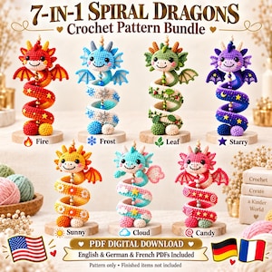 Paquete de patrones de dragón espiral de ganchillo 7 en 1, PDF de preparación para el mercado de dragones elementales de amigurumi, decoración de guardería con peluches de fuego, hielo, hojas, nubes y estrellas.