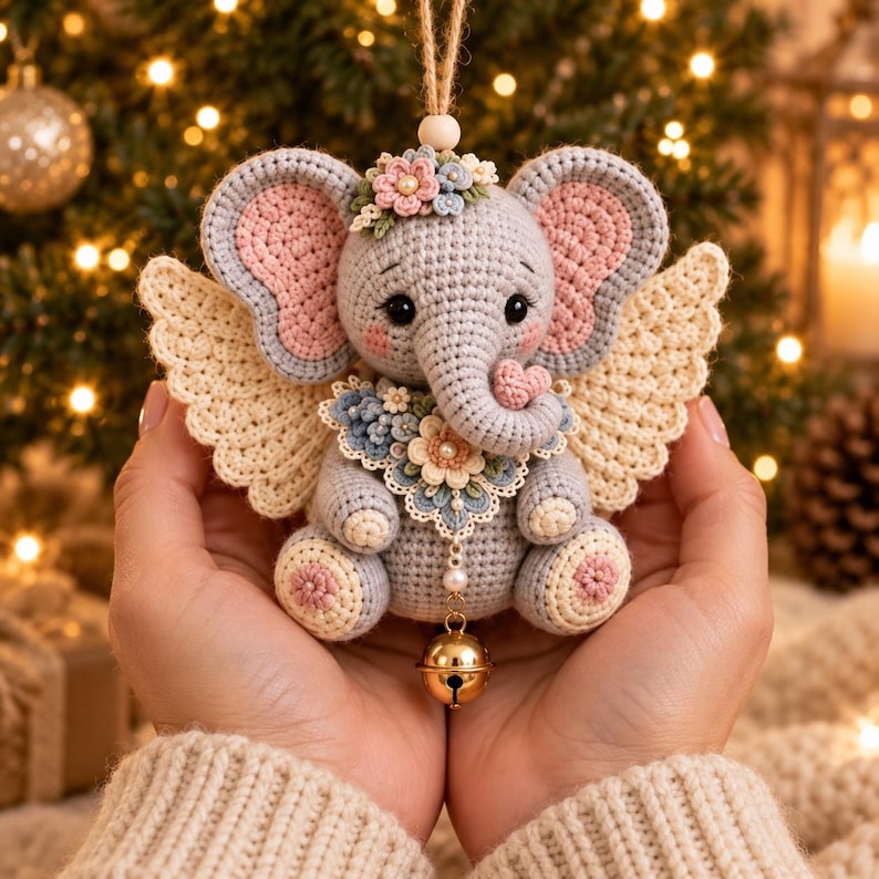 May include: A crocheted gray elephant ornament with large pink-lined ears, cream-colored wings, and a floral collar. The elephant features a small pink heart on its trunk, a flower crown on its head, and a gold jingle bell hanging from its chest.