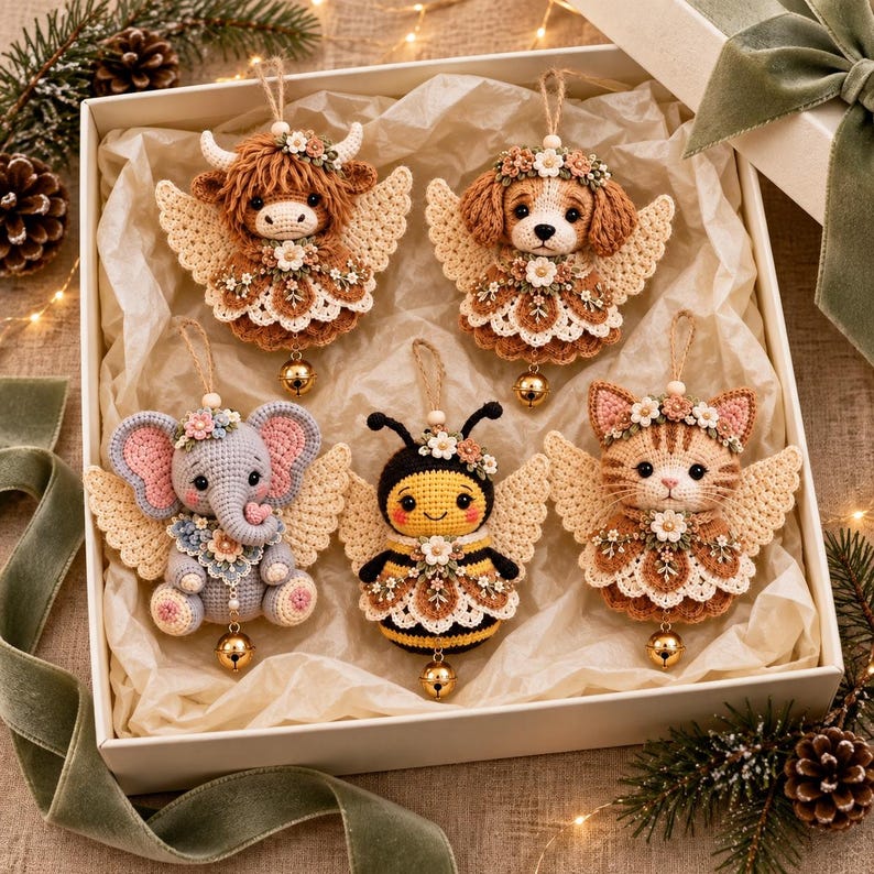 May include: Five crocheted animal ornaments in a gift box, including a highland cow, a spaniel, an elephant, a bee, and a tabby cat. Each figure features cream-colored crocheted wings, floral accents, and a small gold bell hanging from the base.