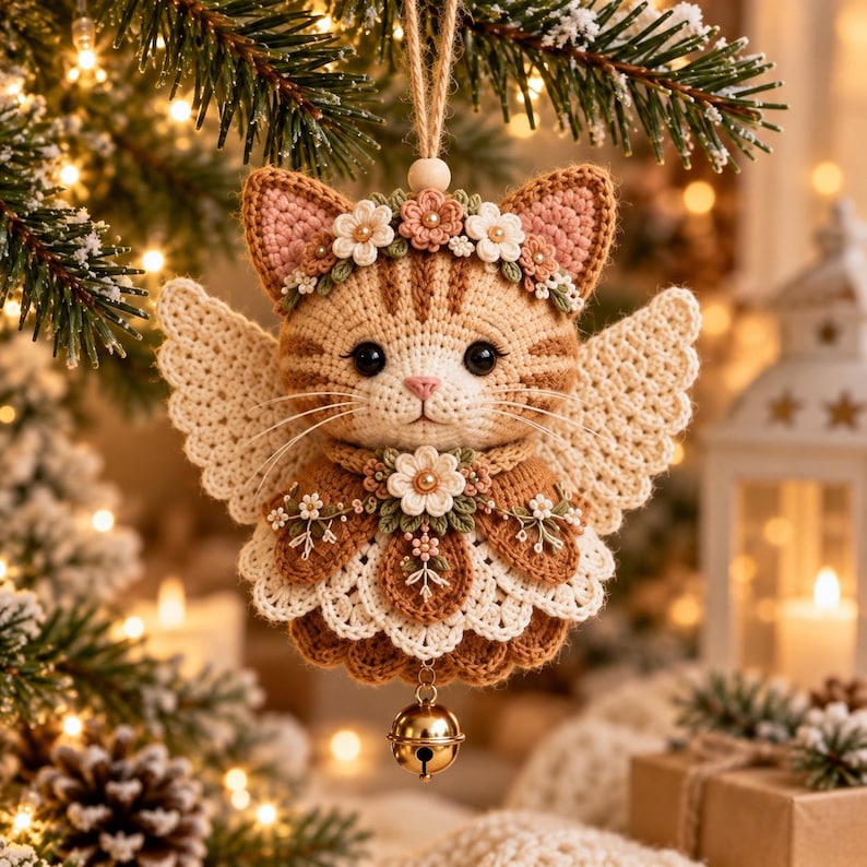 May include: A crocheted ornament shaped like a tan tabby cat with angel wings, wearing a floral crown and a decorative collar with a central flower. The cat has black eyes, a pink nose, and a small gold-colored jingle bell hanging from the bottom.