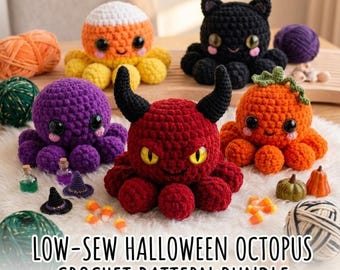 Low Sew Halloween Octopus Crochet Pattern Plushie Amigurumi PDF Easy Quick Market Prep Craft Fair Small Witch Pumpkin Spider Bat Toy Pattern