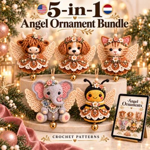 5-in-1 Angel Ornament Crochet Pattern Bundle | Elephant Puppy Bee Cat Highland Cow | Christmas Amigurumi PDF Beginner Digital Download