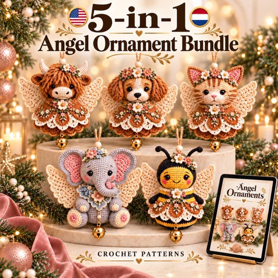5-in-1 Angel Ornament Crochet Pattern Bundle | Elephant Puppy Bee Cat Highland Cow | Christmas Amigurumi PDF Beginner Digital Download