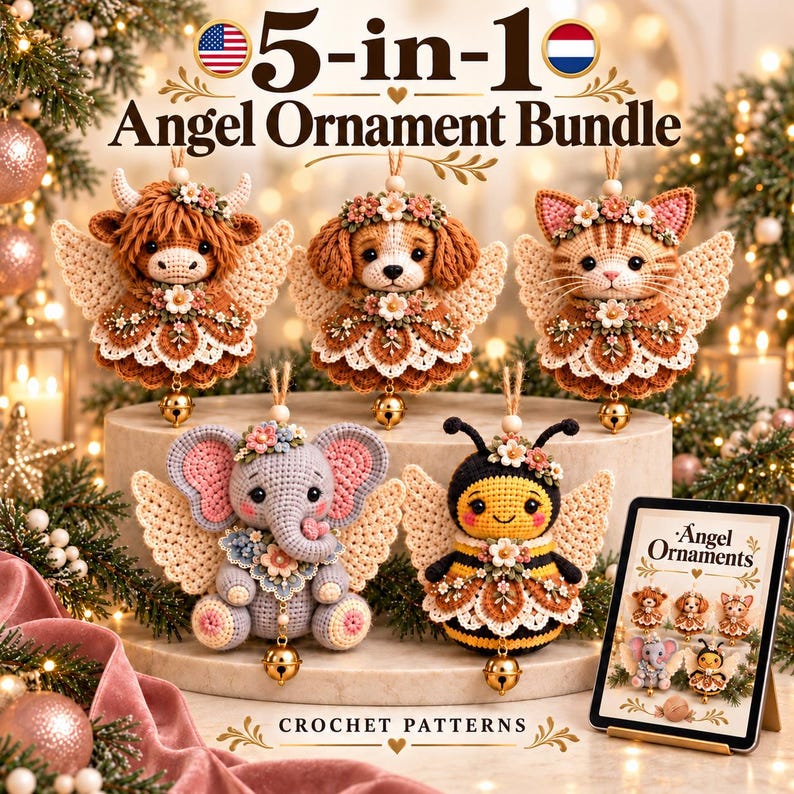 5-in-1 Angel Ornament Crochet Pattern Bundle | Elephant, Puppy, Bee, Cat, Cow Digital Download