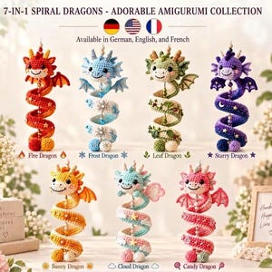 7in1 Crochet Spiral Dragon Pattern Bundle,Amigurumi Elemental Dragon Market Prep PDF, Fire Ice Leaf Cloud Starry Candy Plushie Nursery Decor