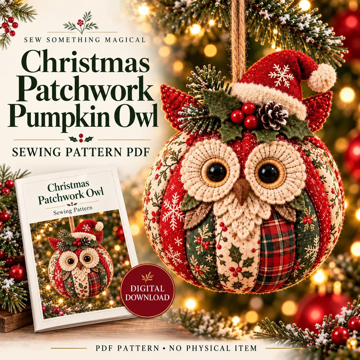 Christmas Patchwork Pumpkin Owl Sewing Pattern PDF, Holiday Market Prep Plushie Template, Quilted Ow