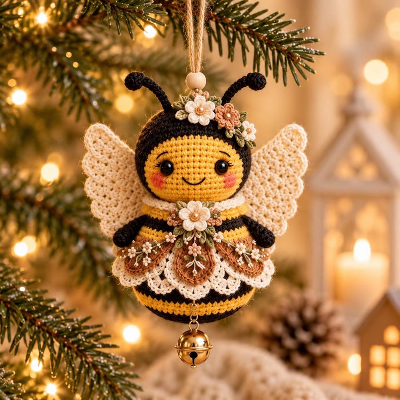 May include: A crocheted bee ornament featuring a round yellow and black striped body, white lace wings, and a small gold bell hanging from the bottom. The bee is decorated with small fabric flowers on its head and chest, and hangs from a jute string.