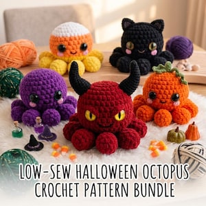 Puede incluir: Una colección de cinco pulpos de ganchillo que incluye un diablo rojo con cuernos, un pulpo morado, un pulpo negro con orejas de gato, un pulpo con colores de maíz dulce y un pulpo calabaza, junto con pequeños accesorios y ovillos de lana.
