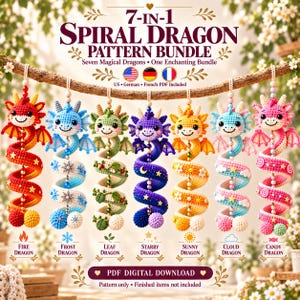 7in1 Crochet Spiral Dragon Pattern Bundle,Amigurumi Elemental Dragon Market Prep PDF, Fire Ice Leaf Cloud Starry Candy Plushie Nursery Decor