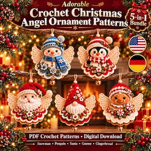 May include: Five crochet Christmas angel ornaments featuring a snowman, penguin, Santa Claus, gnome, and gingerbread person. Each ornament has crocheted wings, a festive hat, and a small gold bell hanging from the bottom. Text reads Adorable Crochet Christmas Angel Ornament Patterns 5-in-1 Bundle and PDF Crochet Patterns Digital Download.