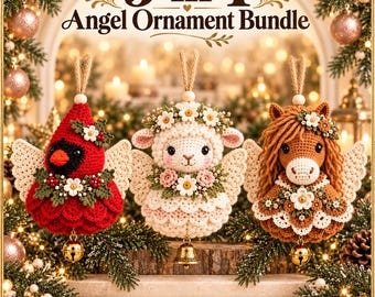 May include: A 3-in-1 Angel Ornament Bundle digital download featuring three crochet ornaments: a red cardinal, a white lamb, and a brown horse, each with crocheted wings, floral accents, and a small gold bell hanging from the bottom of each piece.