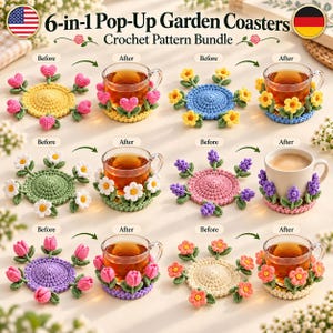 6-in-1 Pop-Up Garden Coasters Crochet Pattern | Market Prep Flower Coaster Set PDF | Easy Beginner Botanical Table Decor Pattern