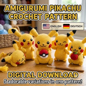 Pikachu-Amigurumi-Häkelanleitung | Gelbe Maus-Amigurumi-PDF-Anleitung | Häkelanleitung | Digitaler Download Anime-Plüschtier zum Selbermachen