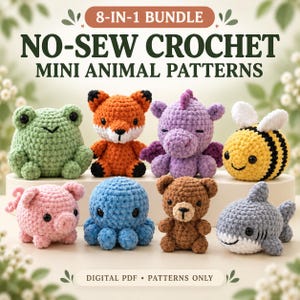 Könnte beinhalten: Ein 8-in-1-Paket mit Häkelanleitungen für Mini-Tiere ohne Nähen, bestehend aus einem grünen Frosch, orangefarbenen Fuchs, lila Drachen, gelb-schwarzer Biene, rosa Schwein, blauem Oktopus, braunem Bären und grauem Hai. Text: 8-IN-1 BUNDLE NO-SEW CROCHET.