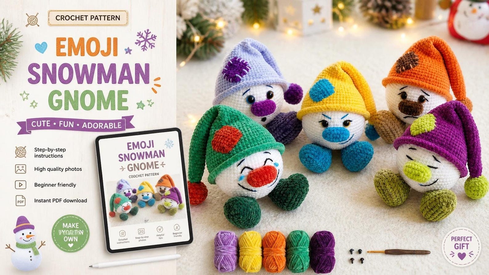 Patrón PDF de gnomo de ganchillo, Cinco expresiones / Amigurumi ...