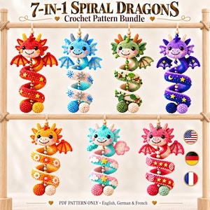 Pacote com 7 padrões de dragão espiral de crochê em 1, PDF de preparação para mercado de dragões elementais de amigurumi, decoração de quarto de bebê com pelúcia de fogo, gelo, folha, nuvem e estrelas.