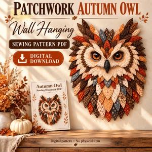 Tapiz de pared de búho otoñal con patchwork, ideal para preparar un mercado, patrón de edredón otoñal, plantilla para manualidades de búho, descarga digital.