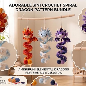Könnte beinhalten: Ein 3-in-1 Häkelanleitungs-Set für Spiral-Drachen mit drei Amigurumi-Drachen in Rot, Hellblau und Violett. Der Text lautet ADORABLE 3IN1 CROCHET SPIRAL DRAGON PATTERN BUNDLE, AMIGURUMI ELEMENTAL DRAGONS PDF | FIRE, ICE & CELESTIAL.