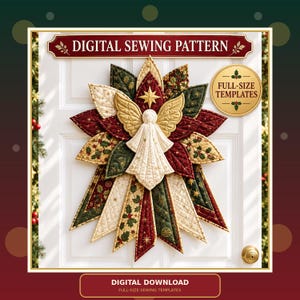 May include: A digital sewing pattern for a quilted angel wall hanging. The design features a central angel figure with gold wings, surrounded by layered, star-shaped fabric petals in red, green, and cream with holly and star patterns.