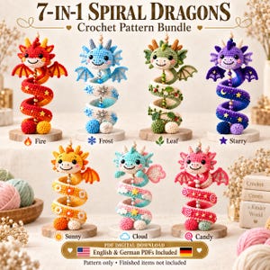 Paquete de patrones de dragón espiral de ganchillo 7 en 1, PDF de preparación para el mercado de dragones elementales de amigurumi, decoración de guardería con peluches de fuego, hielo, hojas, nubes y estrellas.