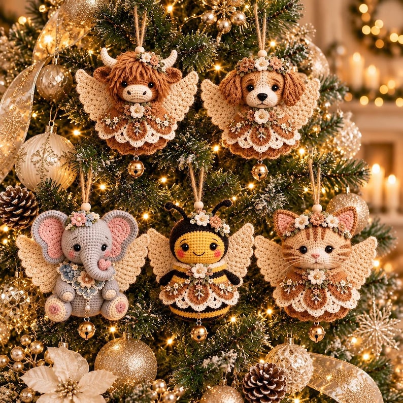 May include: Five crocheted animal ornaments featuring a highland cow, a puppy, an elephant, a bee, and a cat. Each figure has cream-colored crocheted wings, a floral crown, and a small gold bell hanging from the bottom, suspended by twine.