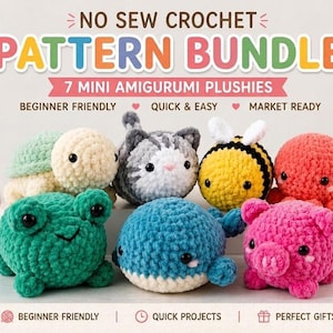 7 Häkelanleitungen für Mini-Plüschtiere ohne Nähen, Amigurumi-Plüschtier-Bundle (PDF), Schnelle Häkelanleitungen für den Markt, Häkelanleitung für Plüschtiere für Anfänger